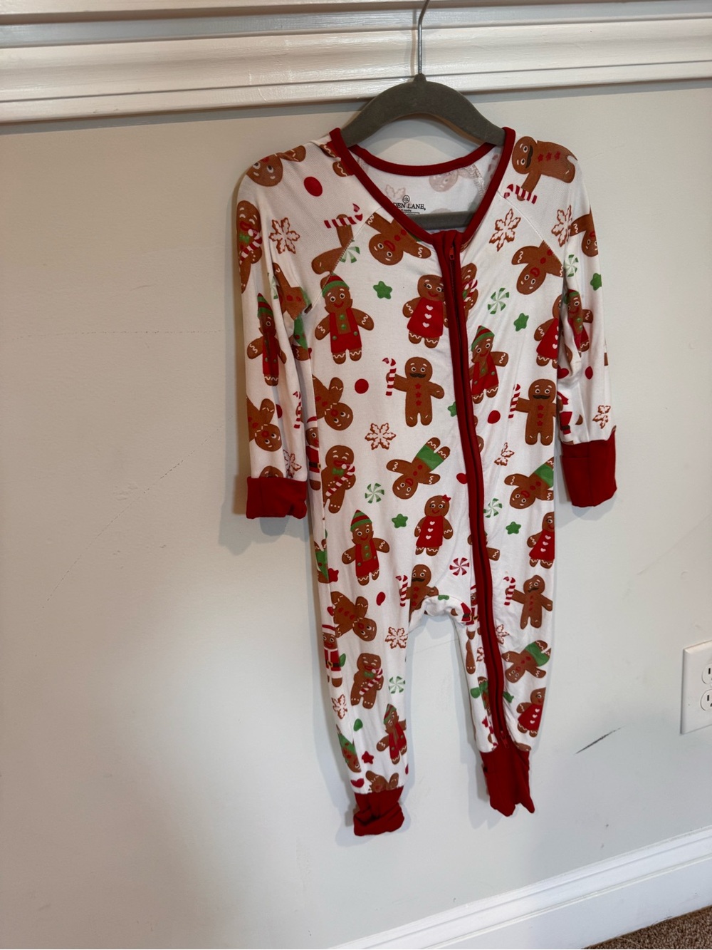 Caden Lane White Gingerbread Print One-Piece with Red Trim